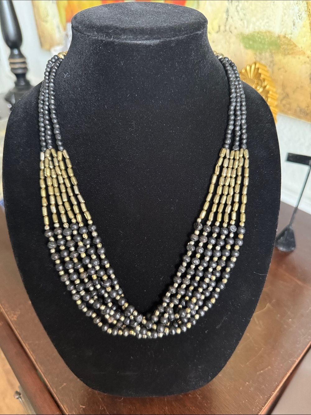 VTG Statement Multi-Strand Black Gold Beaded Necklace Layered Boho Chic Jewelry